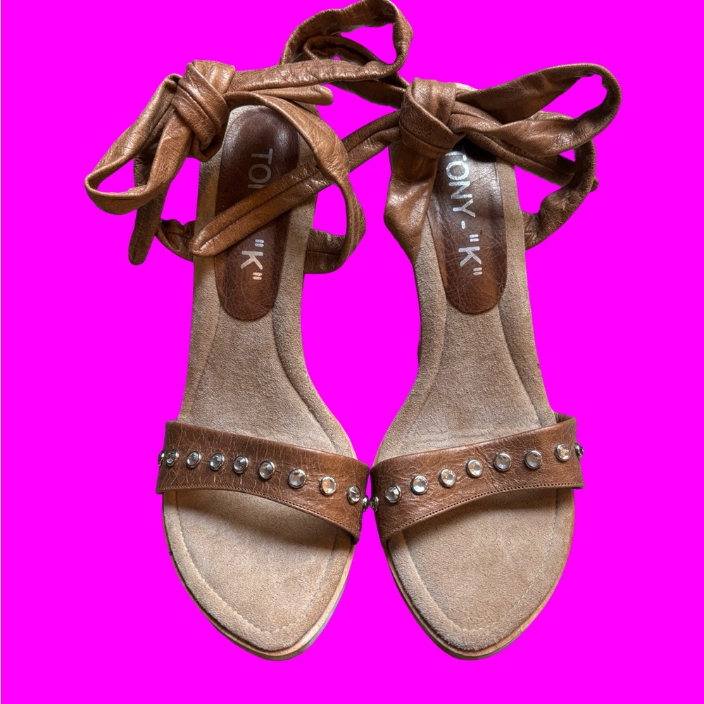 TONY-“K” Brown leather Ankle tie wedges with Studded detail women’s size 8.5